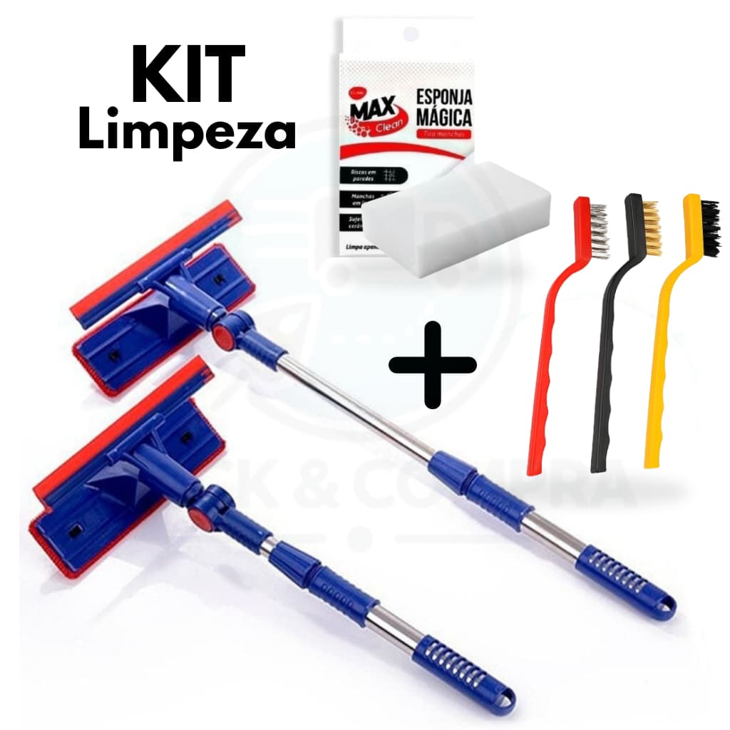 KIT Rodo Limpa Vidro e Box Extensível + Escovas Multiuso Aço Latão Nylon + Esponja Mágica