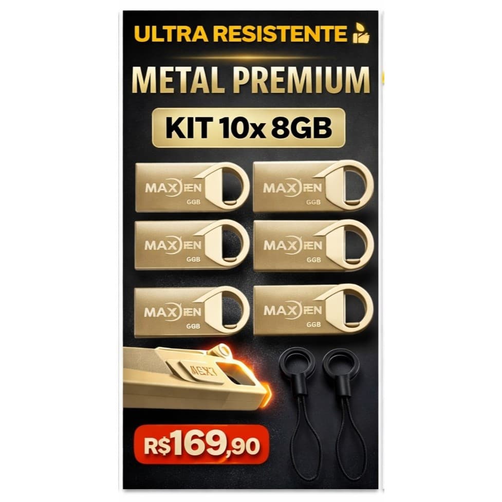 Pen Drive 8GB Metal Kit 10 Alta Durabilidade USB Resistente + Brinde ( 3 cordões )