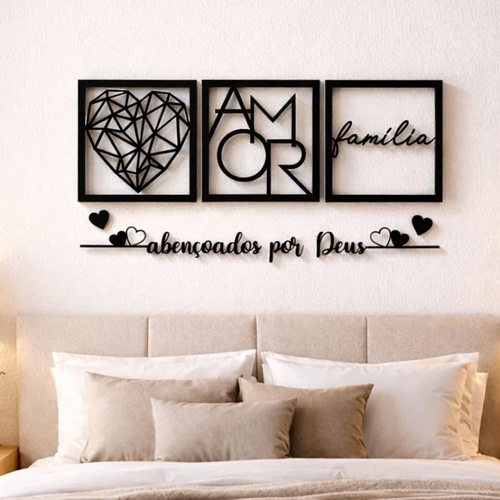 Kit 3 Quadros Familia Coração Geométrico Amor + Frase de Parede Abençoados por Deus Religioso MDF