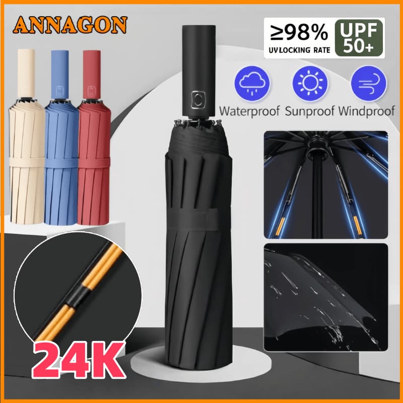24 Ossos Grande Guarda-chuva Automático Dobrável Durável Reforçado Contra Vento Proteção Solar Blackout