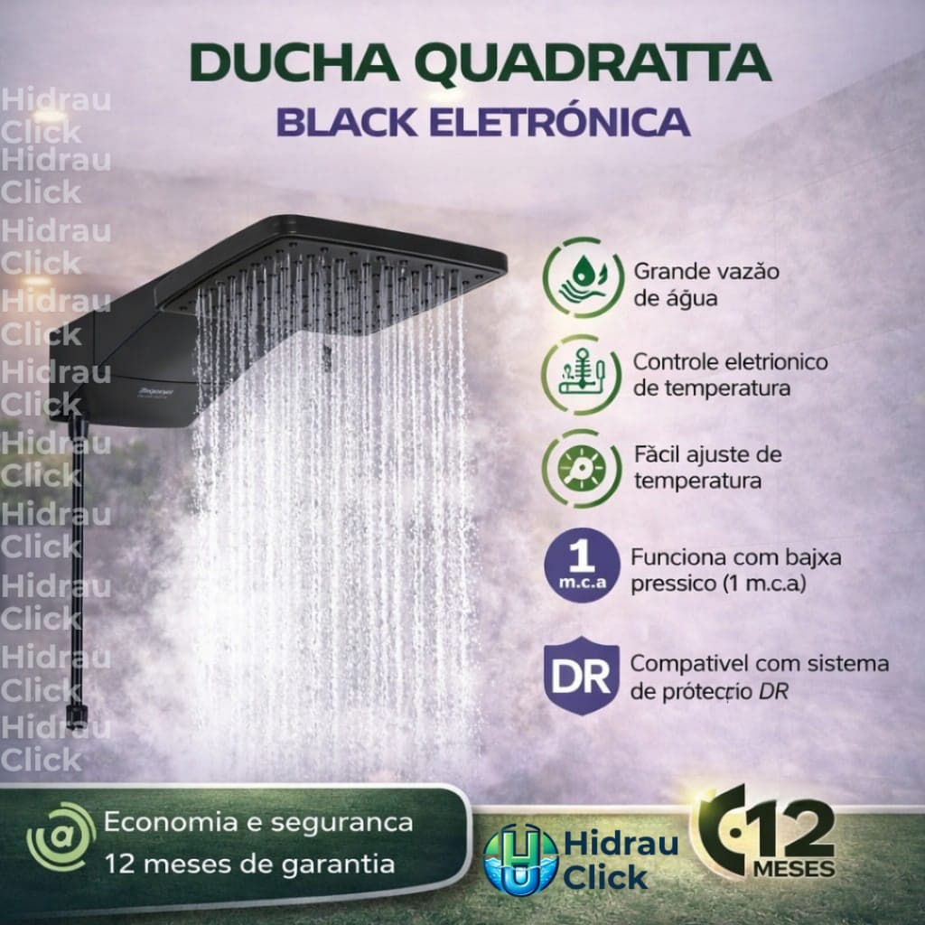CHUVEIRO ELETRICO DUCHA QUADRATTA ELETRONICA BLACK