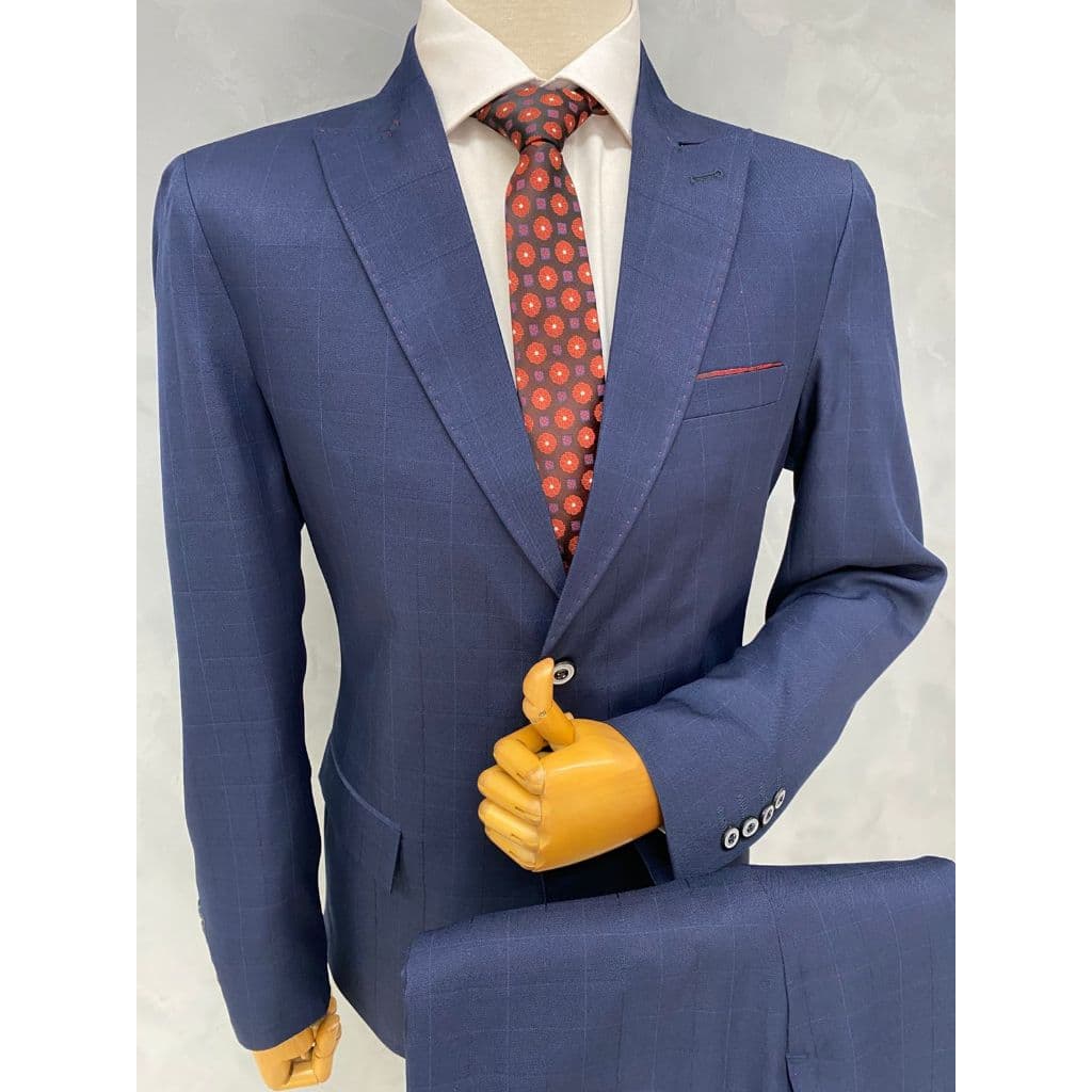 Terno Principe de Gales Lapela Larga Pespontado Casemira Azul Marinho Quadriculado Nova Modelagem