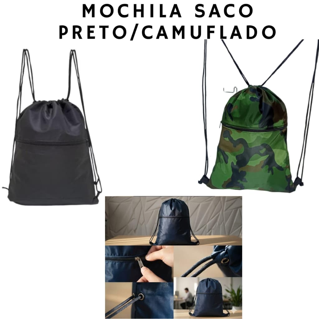 Mochila Bolsa Saco com Cordão Tactel Preto Camuflado Liso Academia Caminhada Personalizar