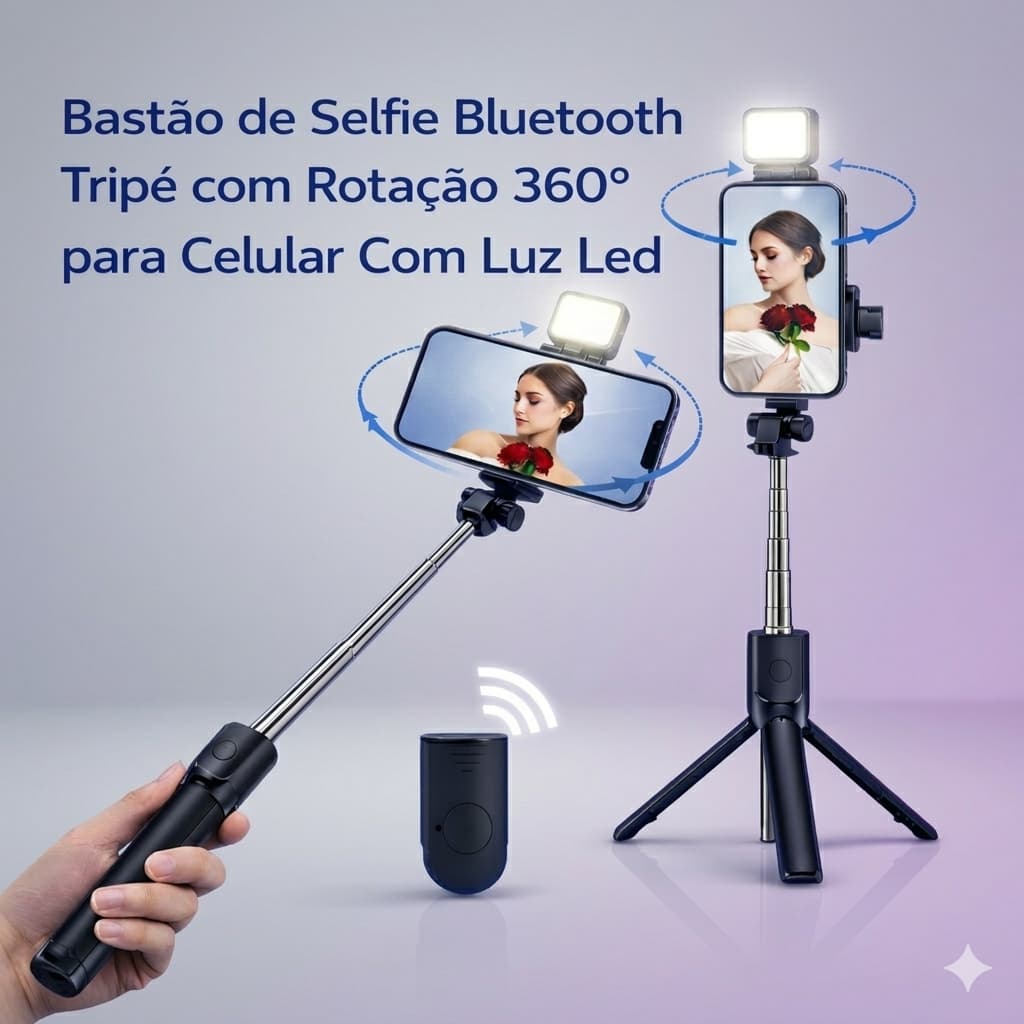 Bastão de Selfie Bluetooth Tripé com Rotação 360° para Celular Com Luz Led.