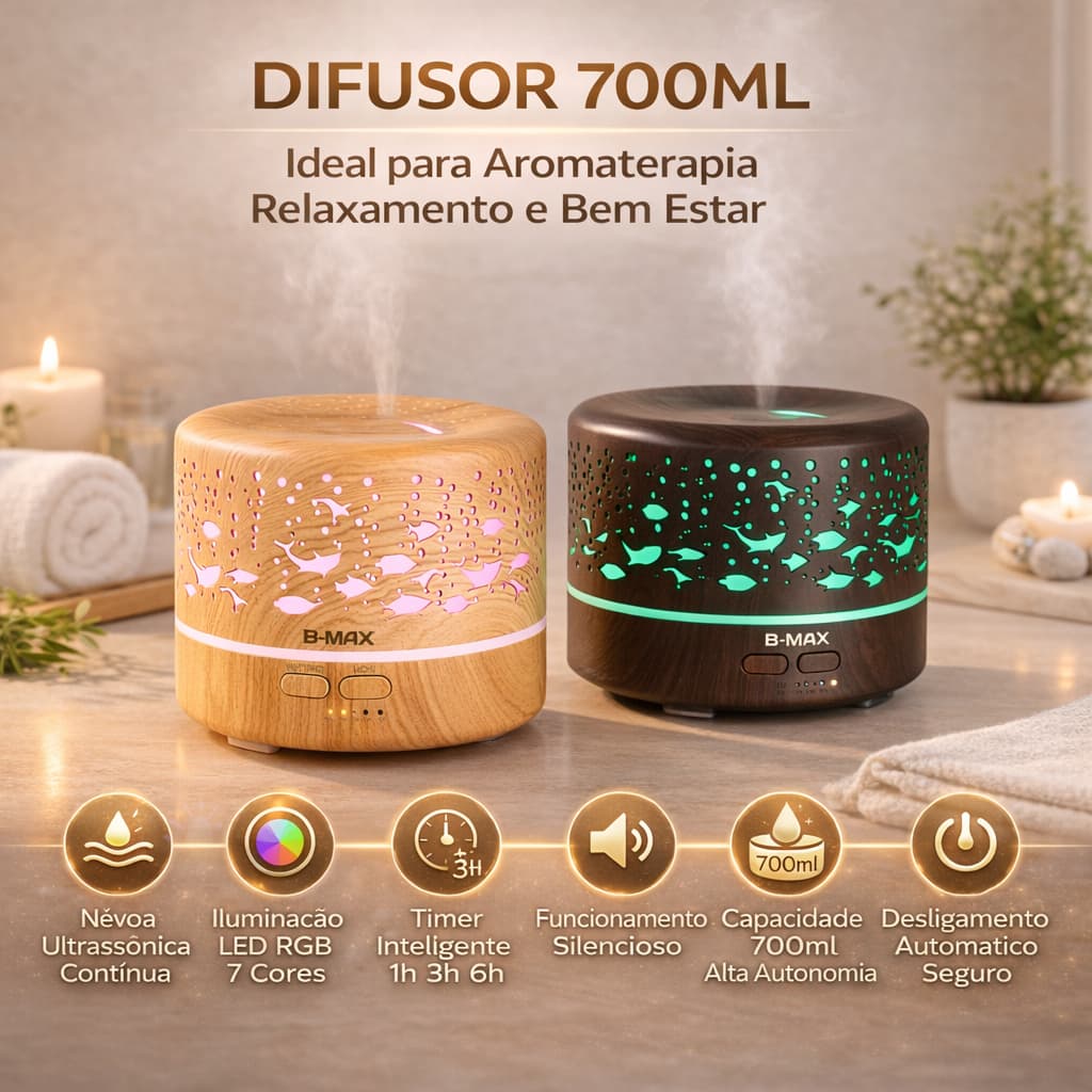 Difusor Ultrassonico 700ml Umidificador Ar Aromatizador Purificador De Aromas Com Led Oleo Essencial