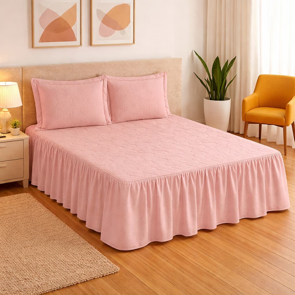 Colcha Casal Bordado 03 Peças com Babado Varias Cores