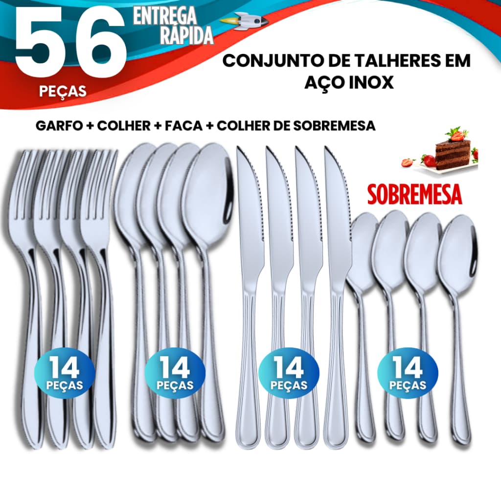 Kit 56/40/36 Talheres Linha Premium 14 Garfos 14 Facas 14 Colheres 14 Colheres de Sobremesa Cozinha