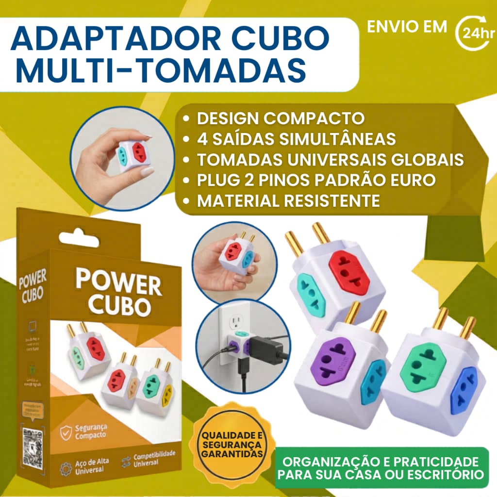 Adaptador de Tomada Benjamin 10A/20A CUBO Pino Maciço Resistente 4 Tomadas Coloridas