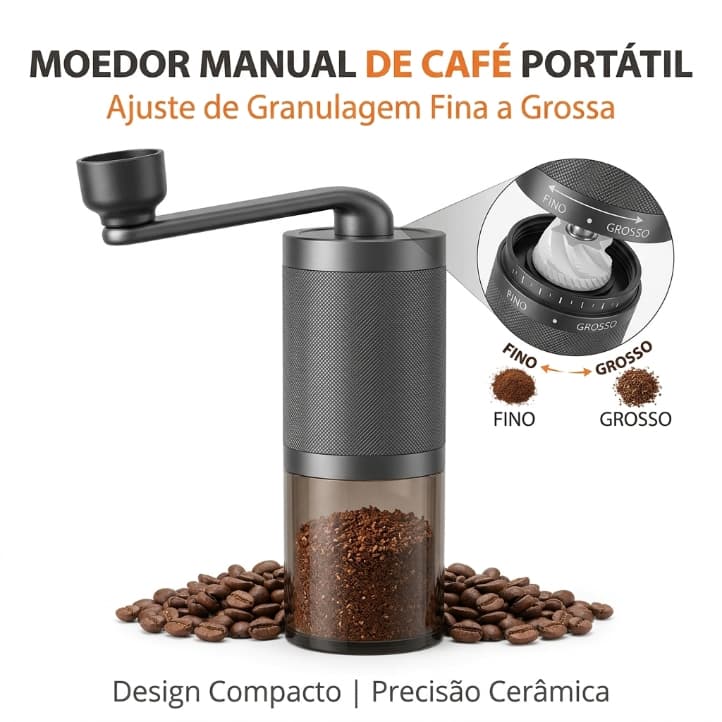 Moedor Manual de Café Portátil com Ajuste de Granulagem Fina a Grossa – Compacto e Prático