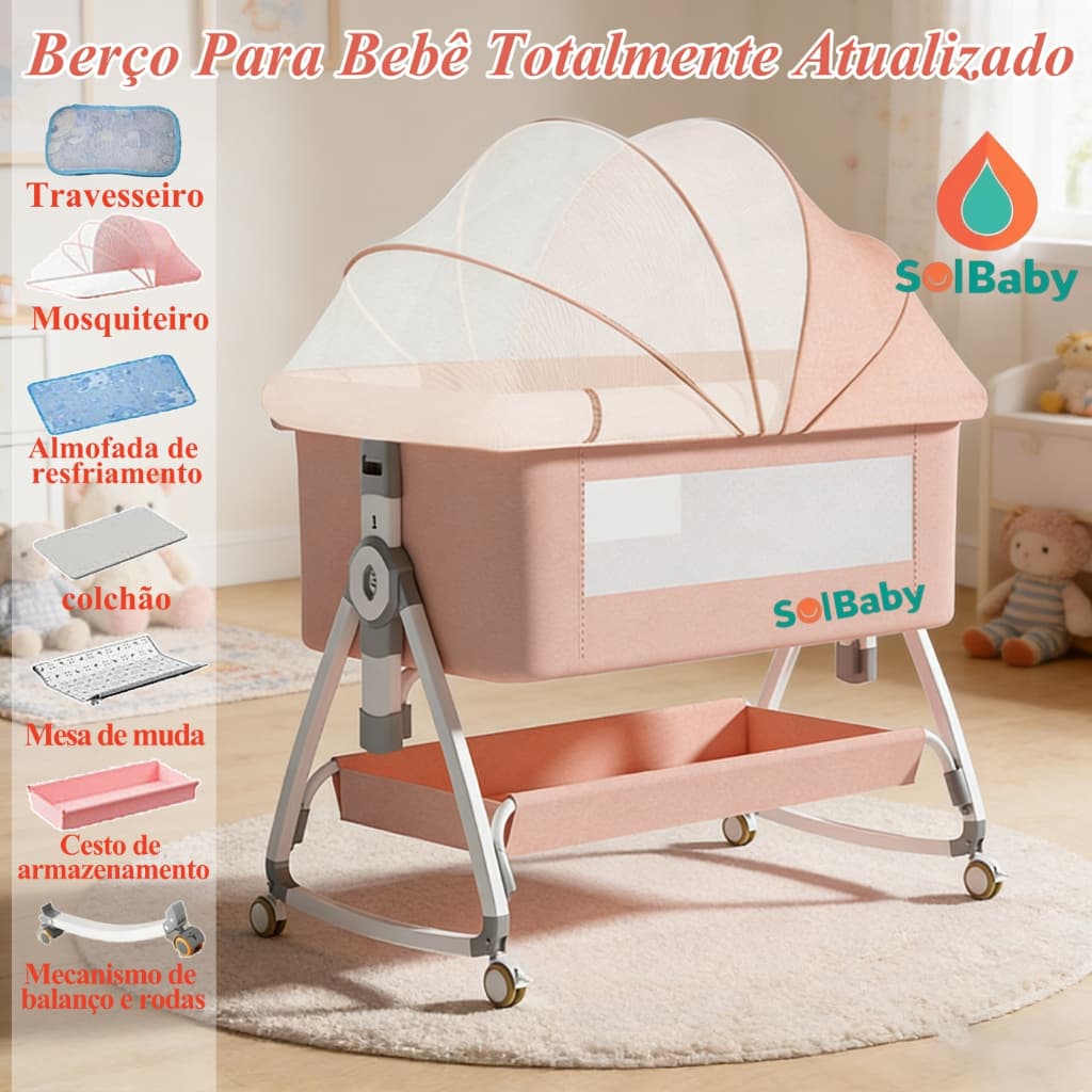 Berço Portátil Moises Co-bed Com Balanço Mosquiteiro e Cesto Regulagem de Altura Cinza Rosa