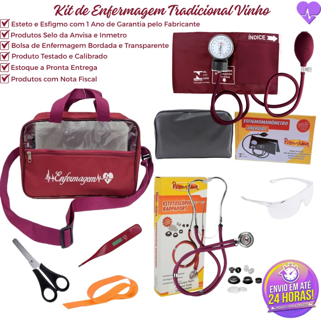 Kit de Enfermagem na Bolsa Tradicional Bordada com Verso Transparente (8 Itens)