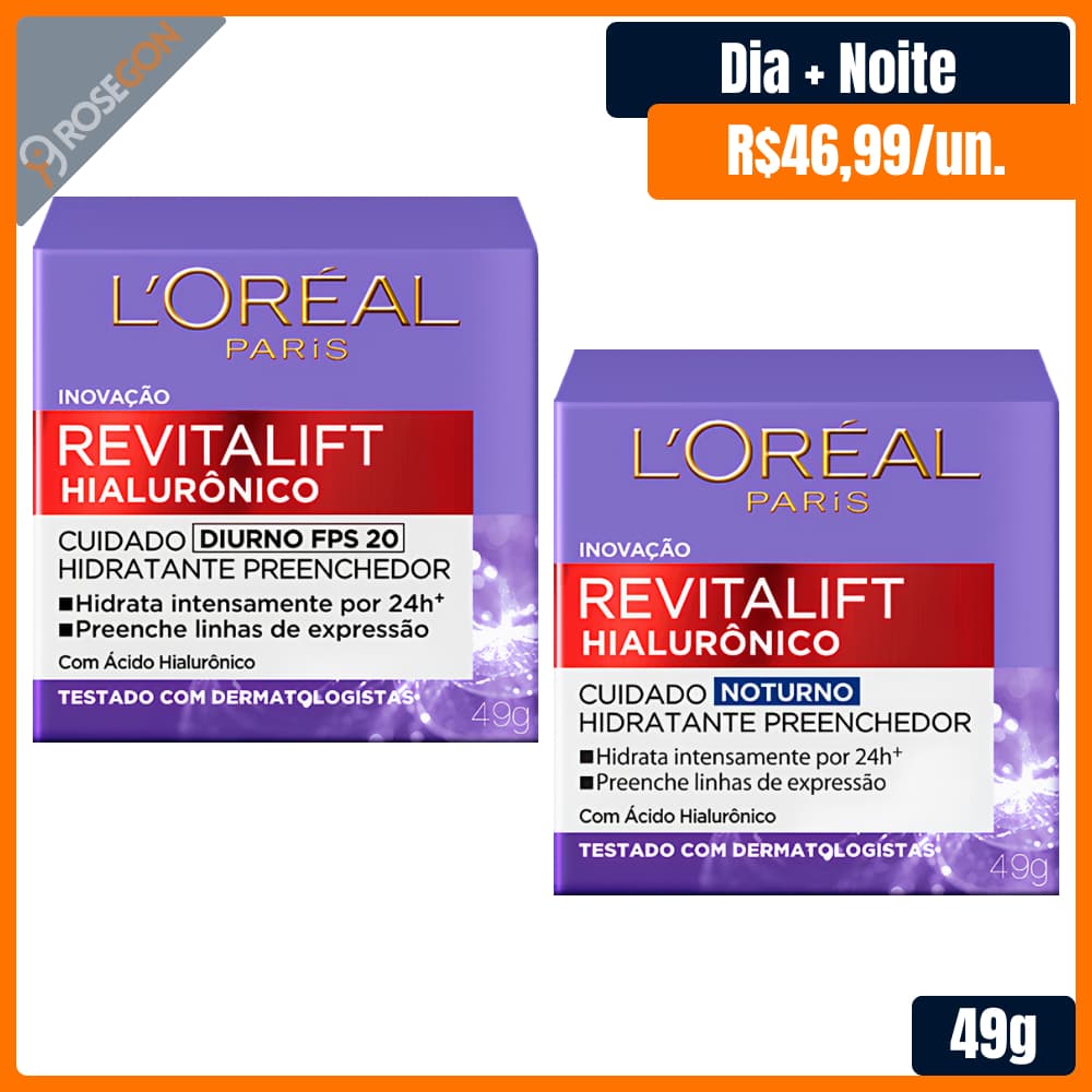 Kit Creme de Tratamento Facial Antiidade Loreal Paris Revitalift Hialurônico Diurno FPS 20 49g + Noturno 49g