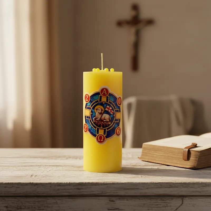 Vela Mini Círio Pascal Amarelo 12cm Com Cravos