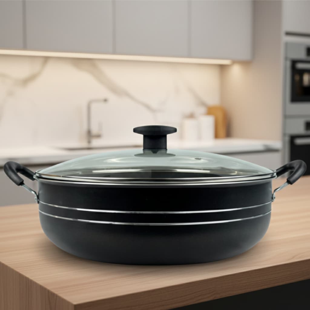 Panela Frigideira Antiaderente Wok Grande c/ Tampa de Vidro Caçarola Detalhes Pratas