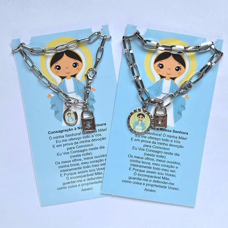 Pulseira Consagração Infantil N. Sra das Graças Inox + Oração — Proteção para Crianças | Batizado