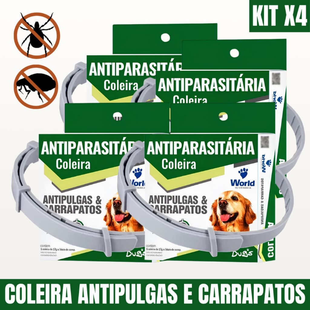 Kit 4 Coleiras Antiparasitária Dugs Antipulgas e Carrapatos Cães World Veterinária
