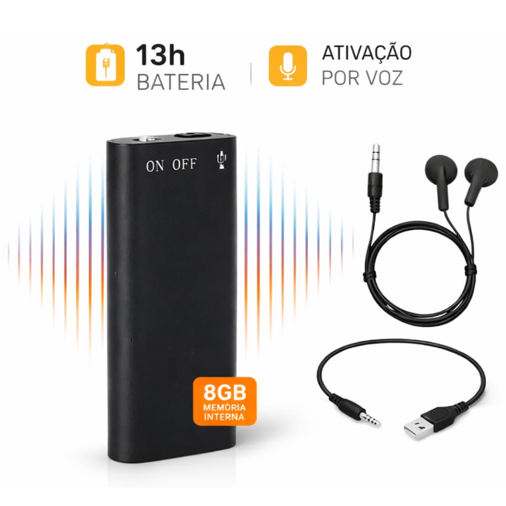 Mini Gravador de Voz Digital 8GB USB 44h Gravação VOR Ativação por Voz Função MP3 Player e Pen Drive