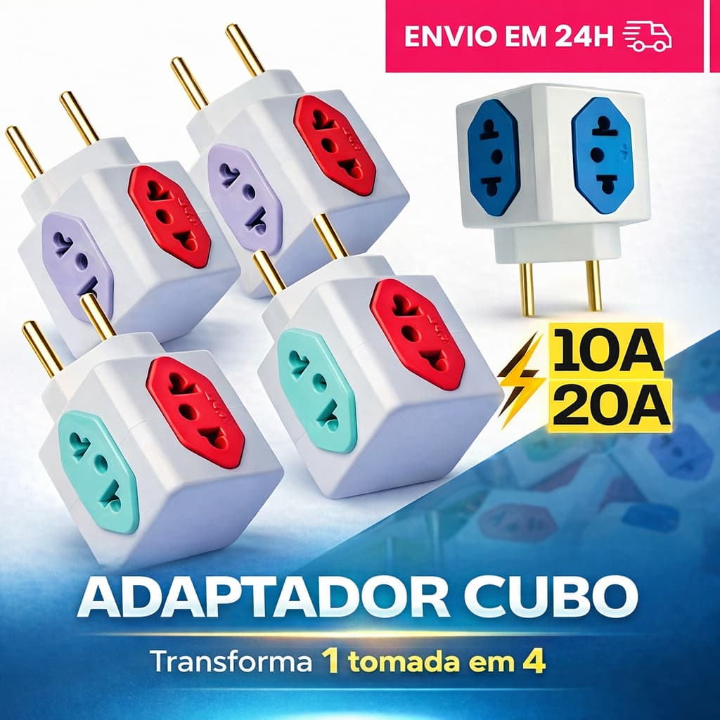 Adaptador de Tomada Benjamin CUBO 10A/20A Pino Maciço Resistente 4 Tomadas Colorida