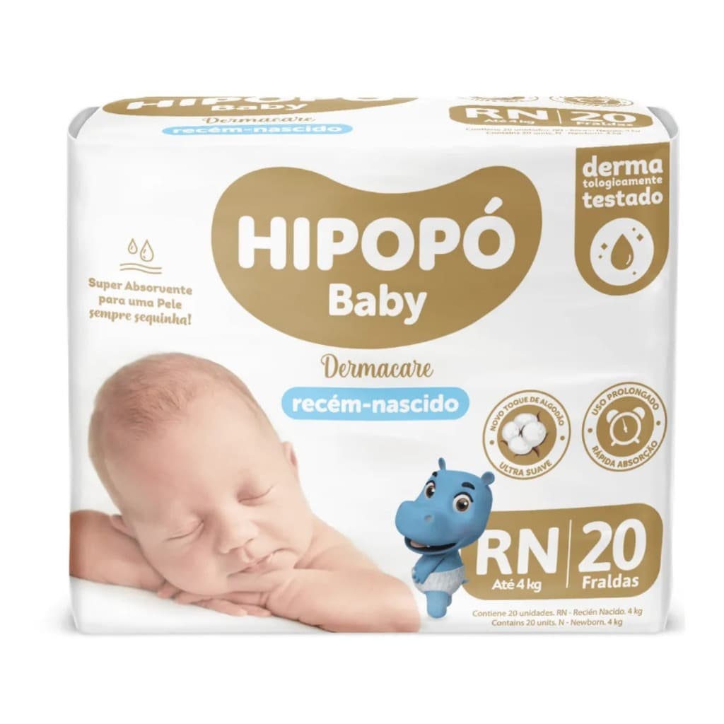 Fralda Hipopó Baby Prática | Tamanho RN | 20 Unidades | Recém-Nascido | Proteção 10h