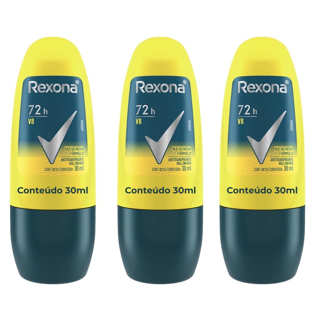 Kit 03un Desodorante Antitranspirante Roll On Rexona Men V8 72h 30ml