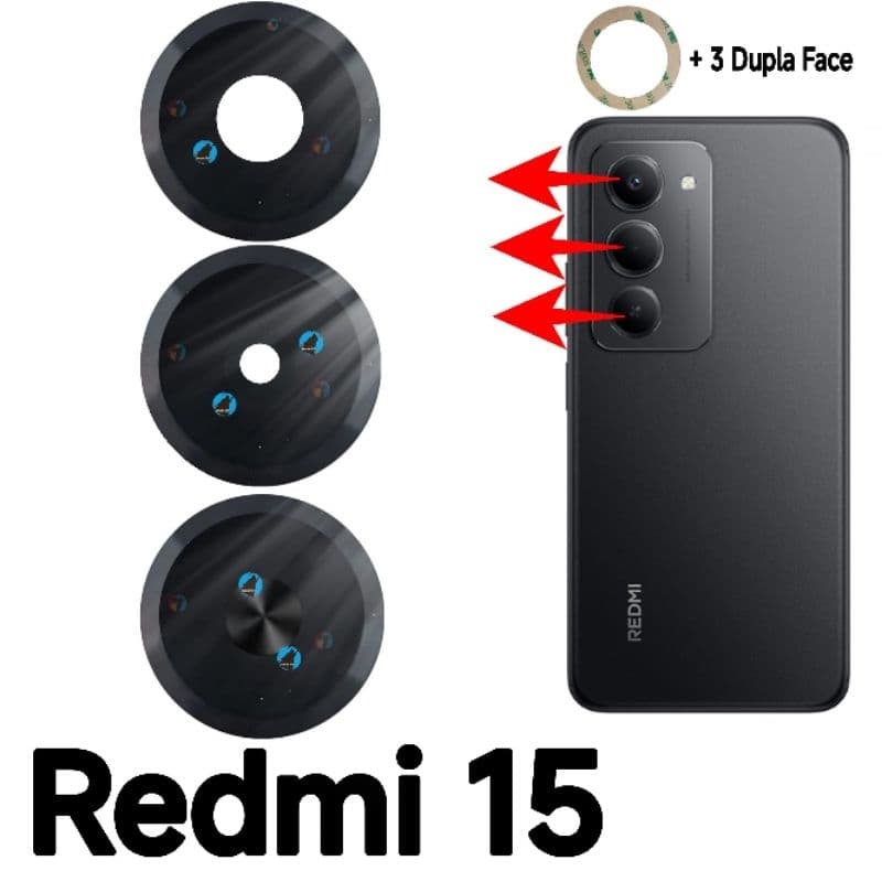 Lente da Camera Xiaomi Redmi 15 5g  / 4G Vidro da Câmera Traseira Vidrinho Traseiro Redmi 15 Kit 3 lente + Dupla Face