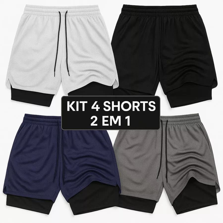Kit 3 Shorts Masculinos 2 em 1 Academia Secagem Rápida com Elastano Fitness