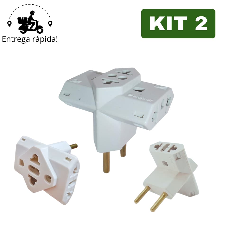Kit 2 Adaptador de Tomada T Benjamin Universal com 3 Entradas Bivolt 10A 20A