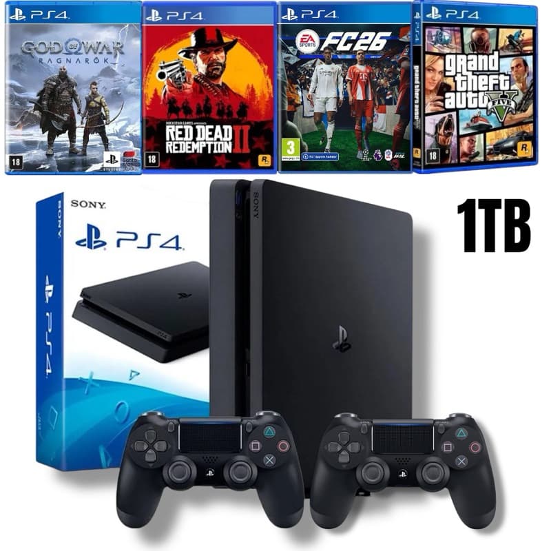 Console PlayStation 4 Slim 1TB + 5 Jogos Aleatórios CD + 2 Controles - Com Caixa Original