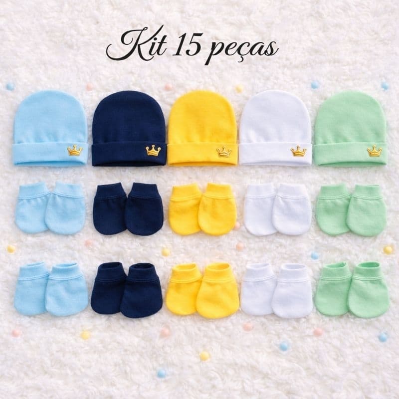 touca +luvas+ sapatinho 5 pacotes econômico com 3 peças 0 a 3 meses maternidade menino.