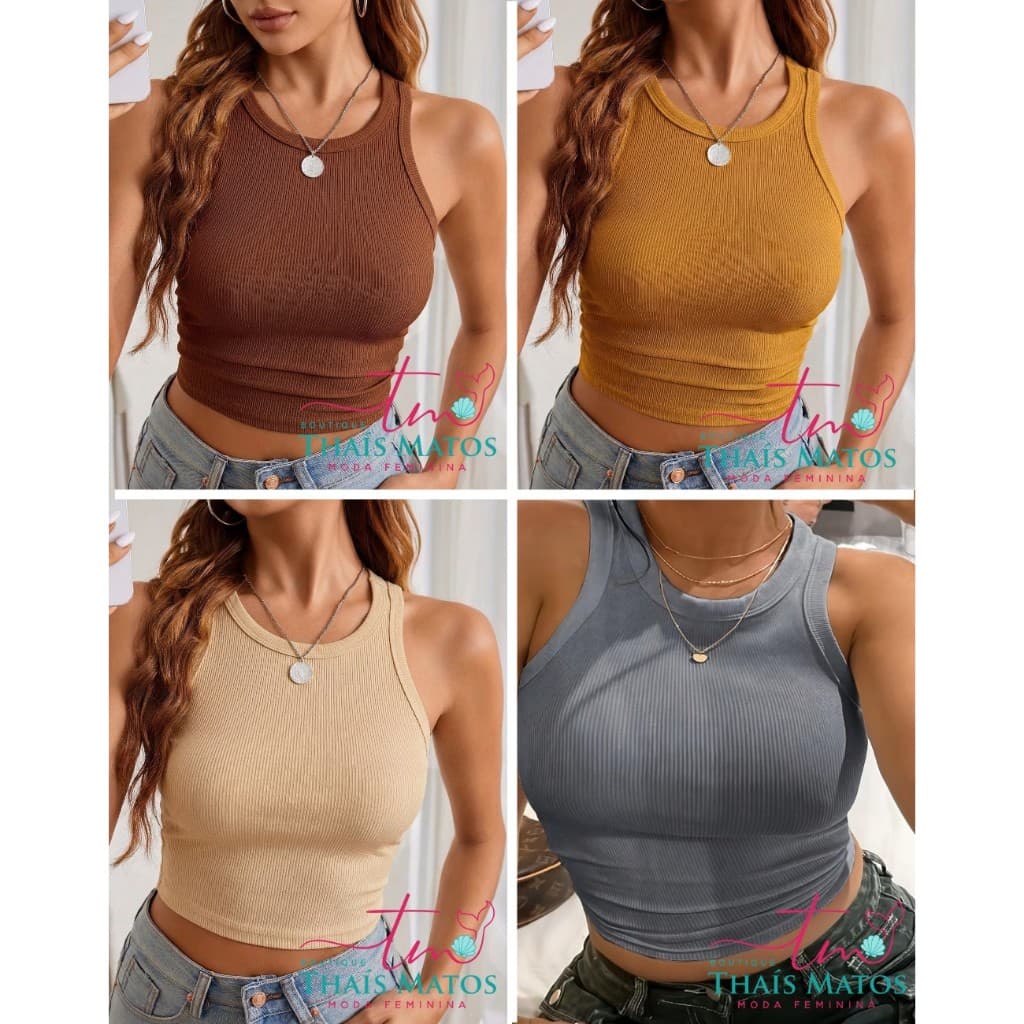 KIT 4 Regata Top Cropped Feminina Lisa Camiseta Básica Ribana Sem Manga Moda Casual T Shirt