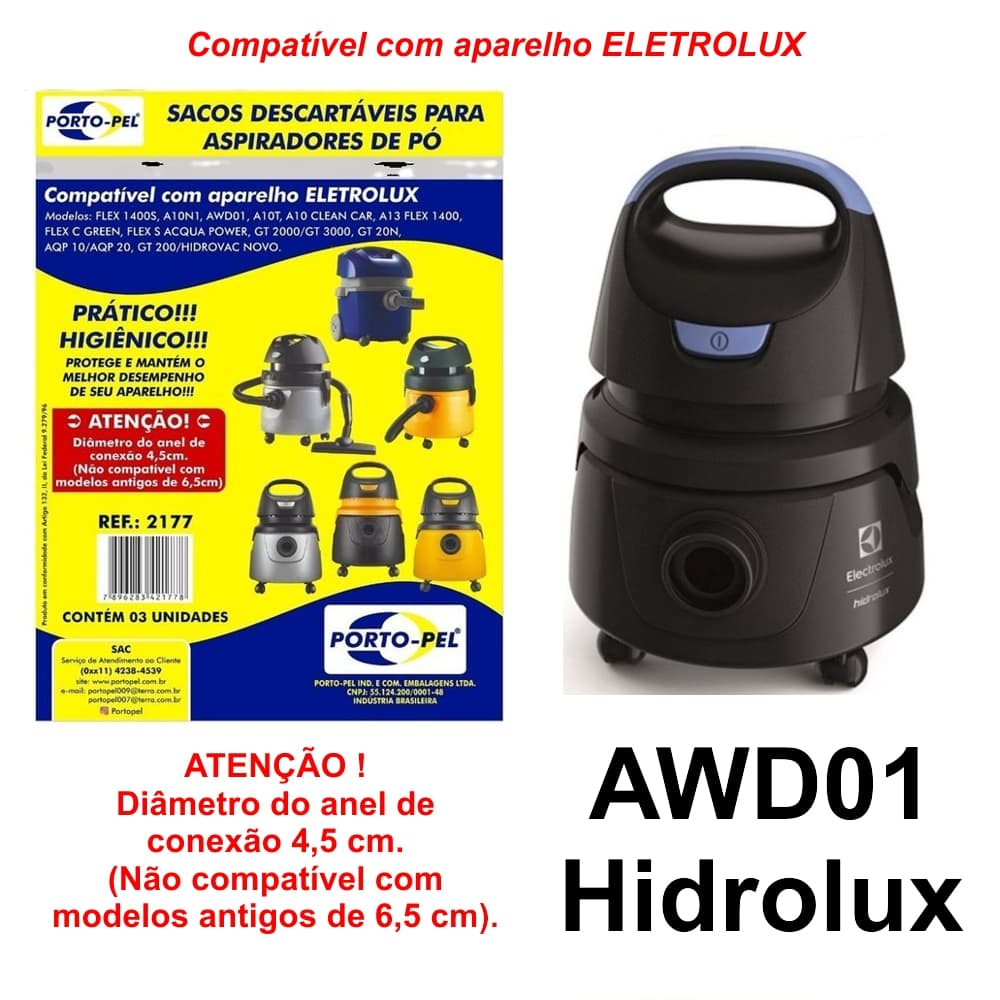 Kit 3 Sacos Aspirador de Pó Electrolux - Hidrolux AWD01 Cod. 2177