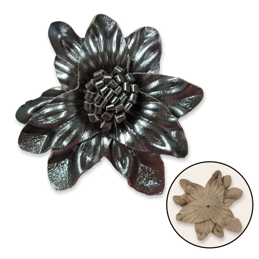 Enfeite Flor Em Couro Genuíno para Artesanato 9cm Pétalas Alongadas - Decoração Moda Personalização Premium Prata Velho