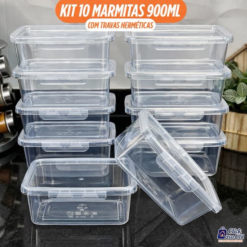 Kit 10 Marmitas Potes 900ml Travas Laterais hermeticas - Livres de BPA Alimentos organiza congelador