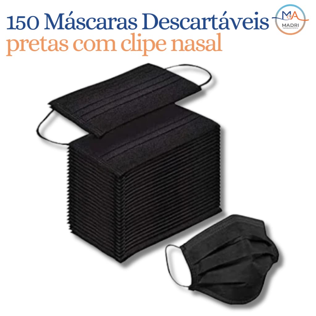 Kit 150 Máscaras Descartável Preta Tripla Camada Com Clipe Nasal Adulto