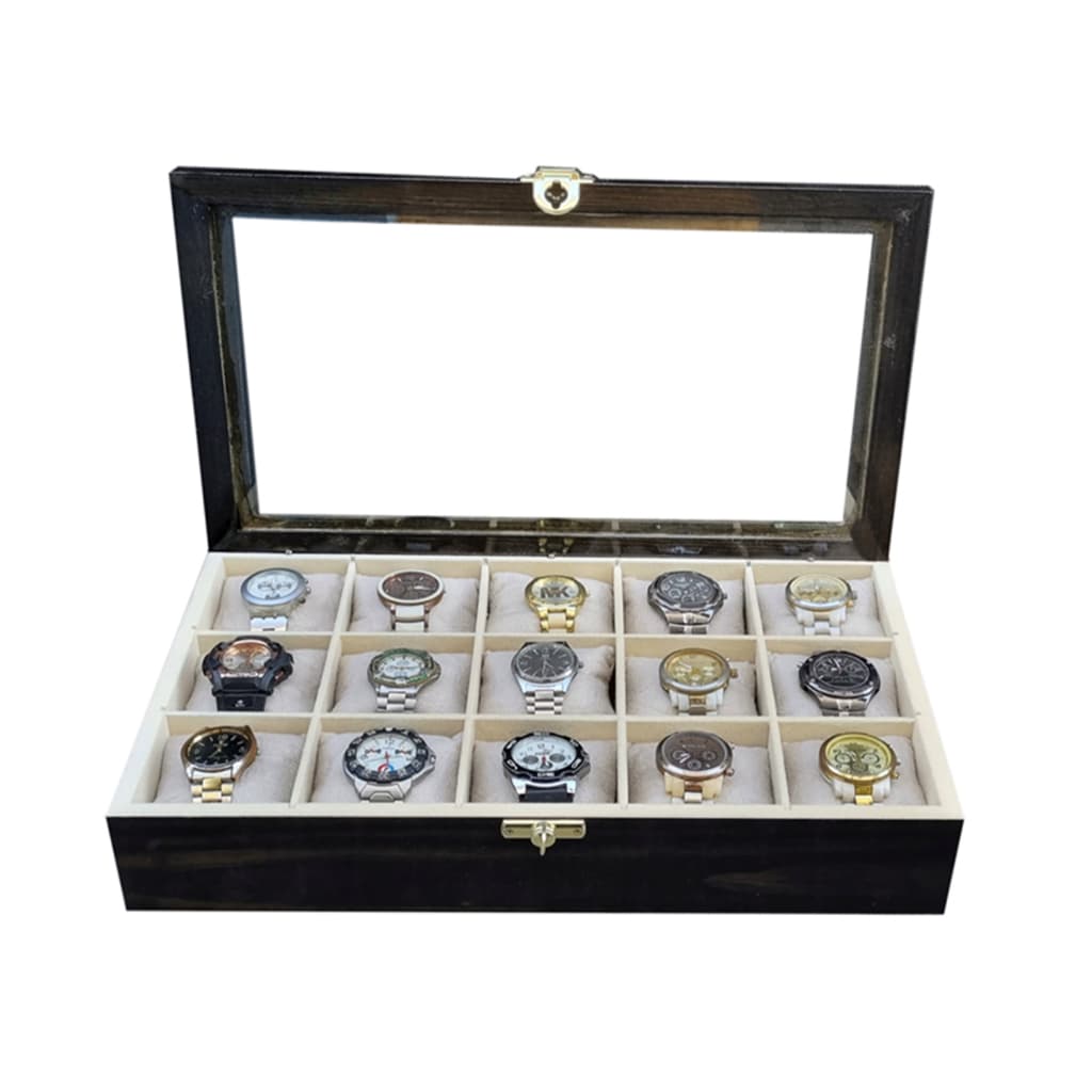 Caixa/Estojo para 15 relógios- Ébano flocado de bege