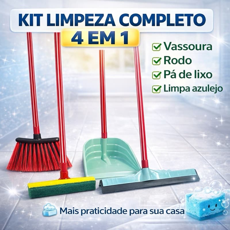 Kit Limpeza 4 Peças com Cabo Vassoura Rodo grande 40cm Pá de Lixo Grande Limpa Azulejo Multiuso Casa