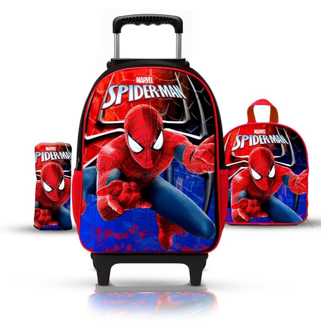 Kit Mochila de Rodinhas Homem-Aranha Infantil Lancheira e Estojo Escolar Resistente Espaçosa Confortável ou sem rodinhas