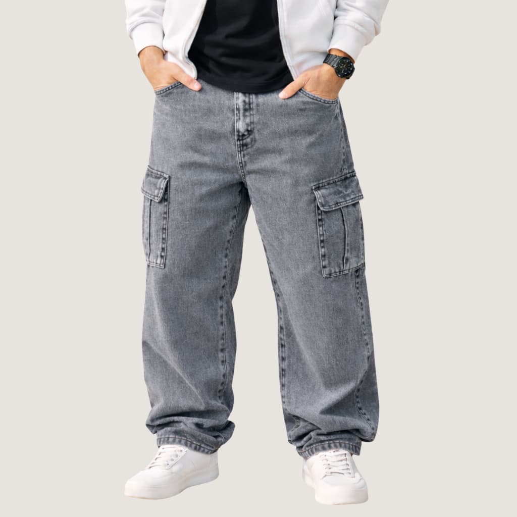 Calça Cargo Grafite e Grafite Claro Masculina Boca Larga Bolso Lateral Streetwear Skatista Urbano Estilo Rua