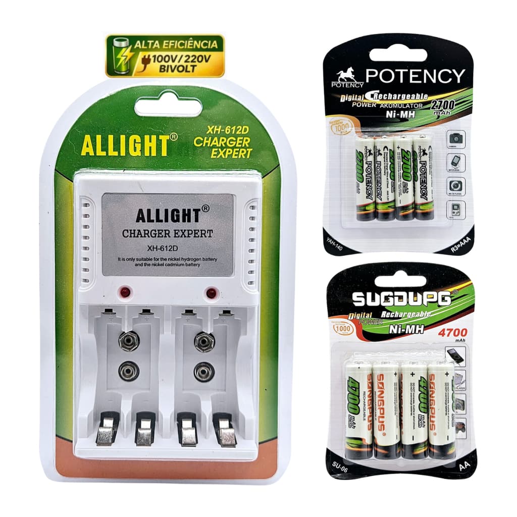 Kit Carregador De Pilhas Recarregáveis AA/AAA/Bateria 9V