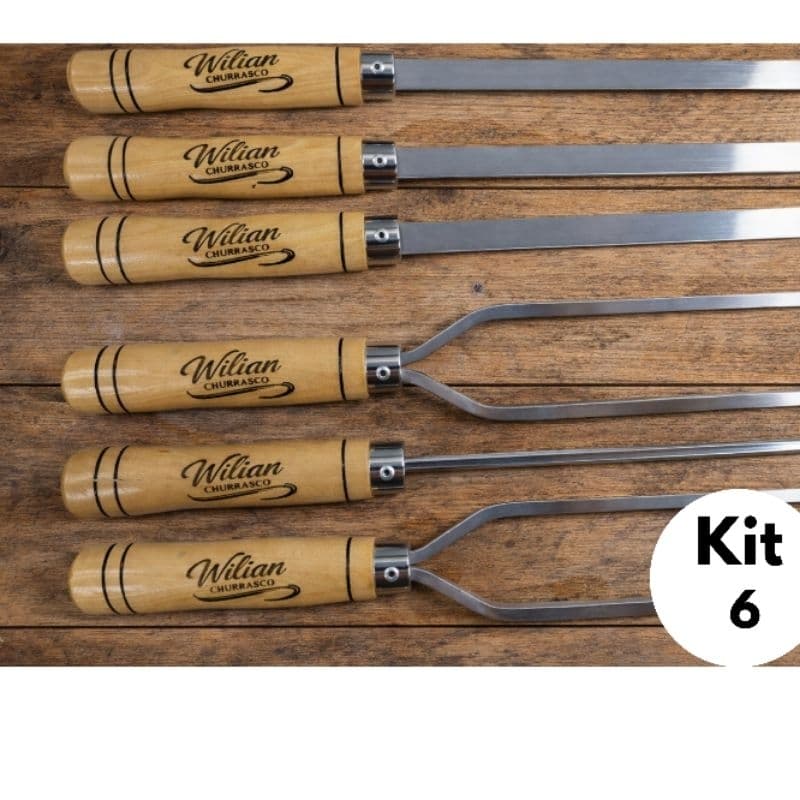 Kit 6 Espetos Churrasco Profissional Alumínio 6 Peças Cabo Madeira Resistente