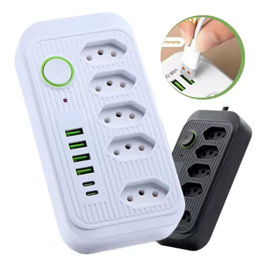 Extensão Filtro De Linha Segurança 5 Tomadas 4 Usb E Usb C Envio Imediato