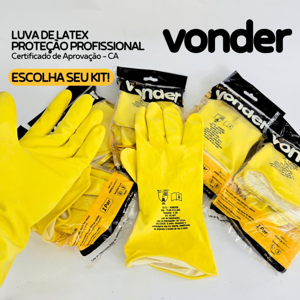 Kit c 1, 2, 3 e 5 Pares Luva Latex Amarela Forrada Antiderrapante Impermeável Limpeza Faxina Vonder