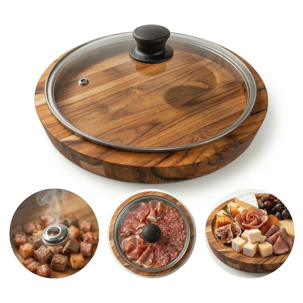 Gamela Redonda de 30cm com Tampa de Vidro Madeira Teca Nobre Churrasco Tabua Tábua Carne Petisco Frios Cozinha