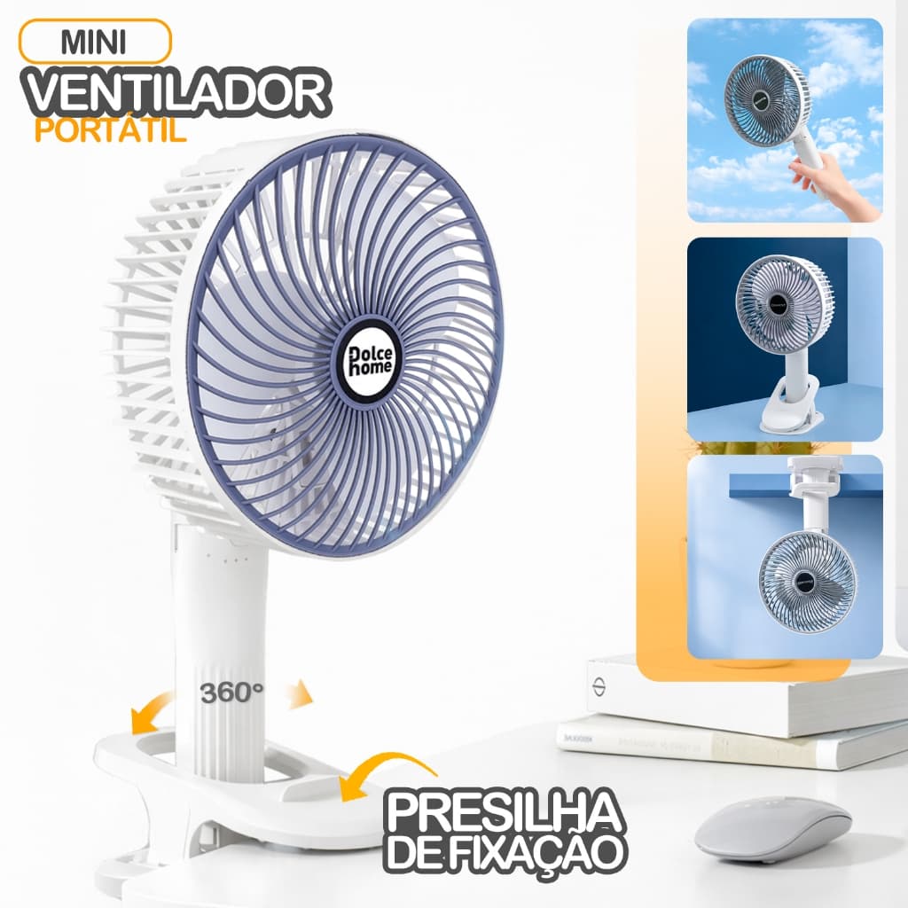 Mini Ventilador Clip USB Dobrável Bateria 3 Velocidades Prático Viagem