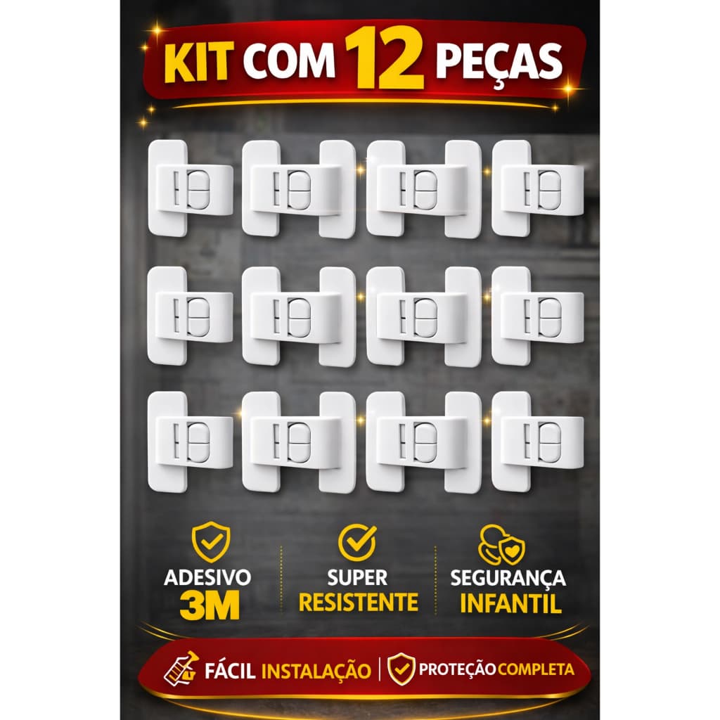 Kit 12 Trava Segurança Bebê Armário Geladeira Gaveta Adesivo Forte Fácil Instalar