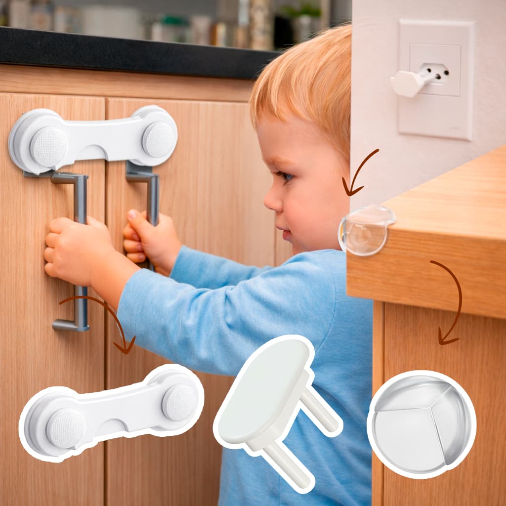 Kit Segurança Bebê 18 Peças - 10 Protetores Tomada + 4 Travas Gaveta + 4 Protetores de Quina