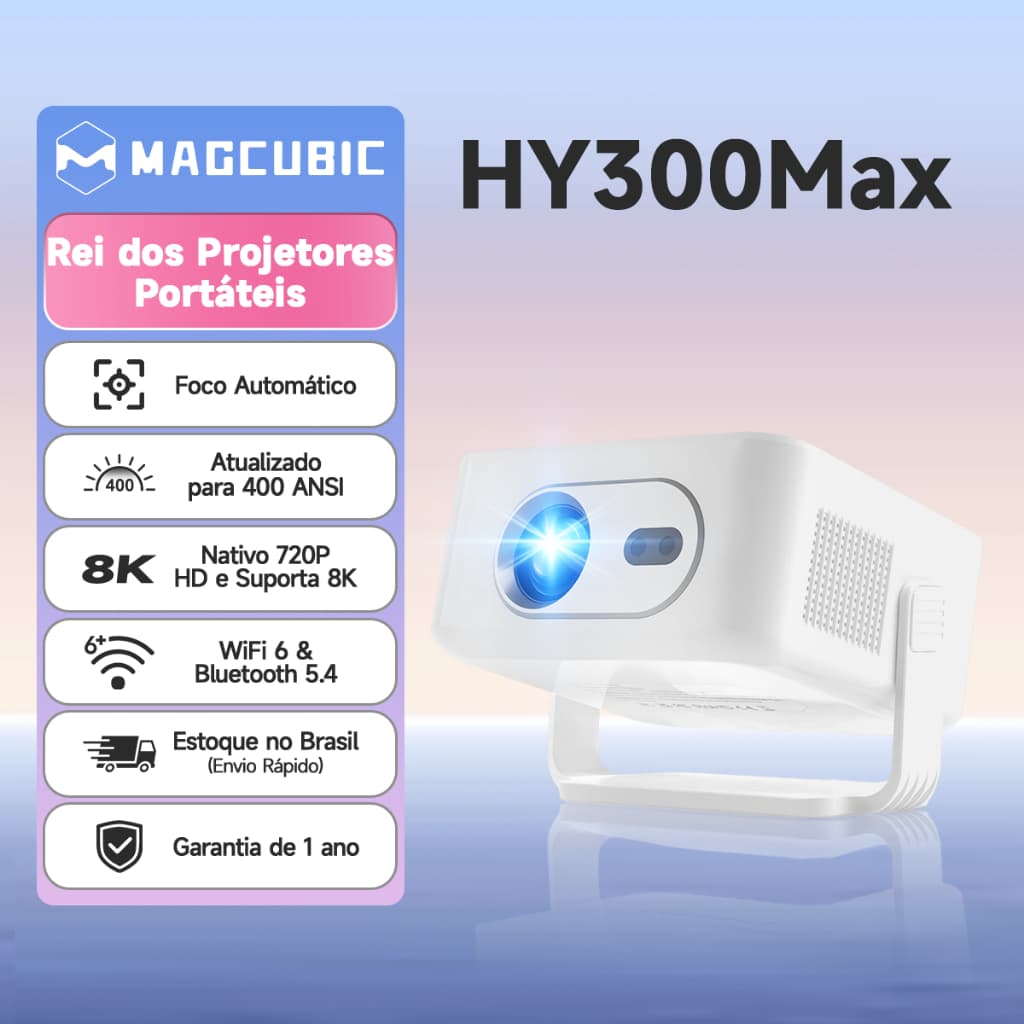 MAGCUBIC HY300Max Projetor Portátil 400ANSI 8K 1080P Suporte Android 14 Foco Automático WiFi 6 BT5.4