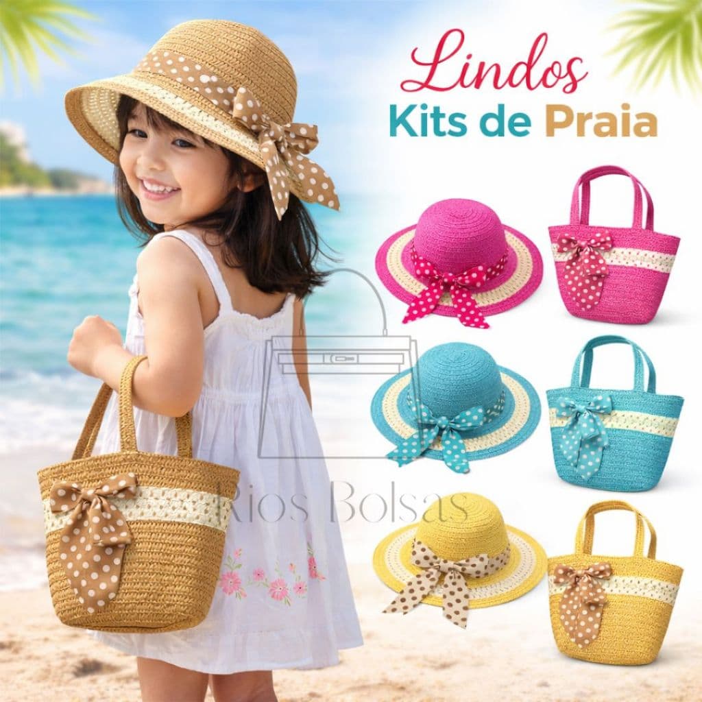 Kit Chapéu + Bolsinha Infantil Menina Moda Praia Piscina