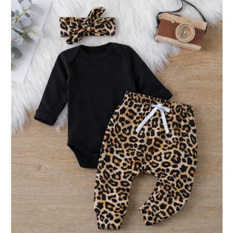 Conjunto Bebê Menina Frio Calça Fofa Body Longo Algodão Faixa de Cabelo roupinha conjuntinho onça