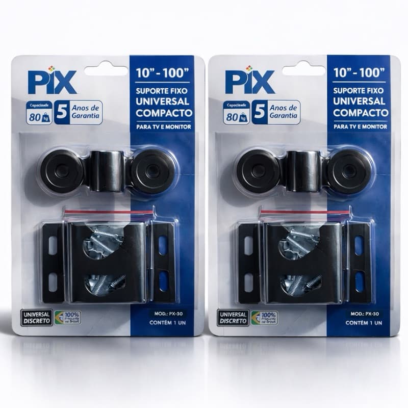 Suporte TV Universal Fixo PIX 10 a 100 Polegadas | Kit 2 Unidades | Até 80kg | Aço Carbono